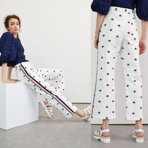 Anthropologie Maeve Wide Leg Embroidered Bees Stripe White Pants Women's Sz 1X